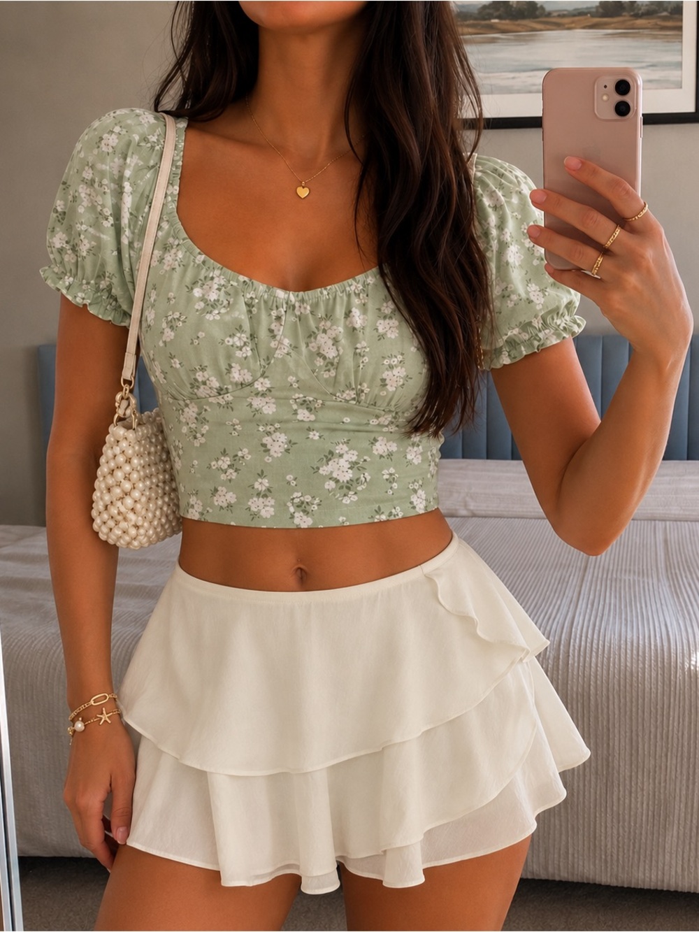 Hollister Sage Green Floral Puff Sleeve Crop Top
